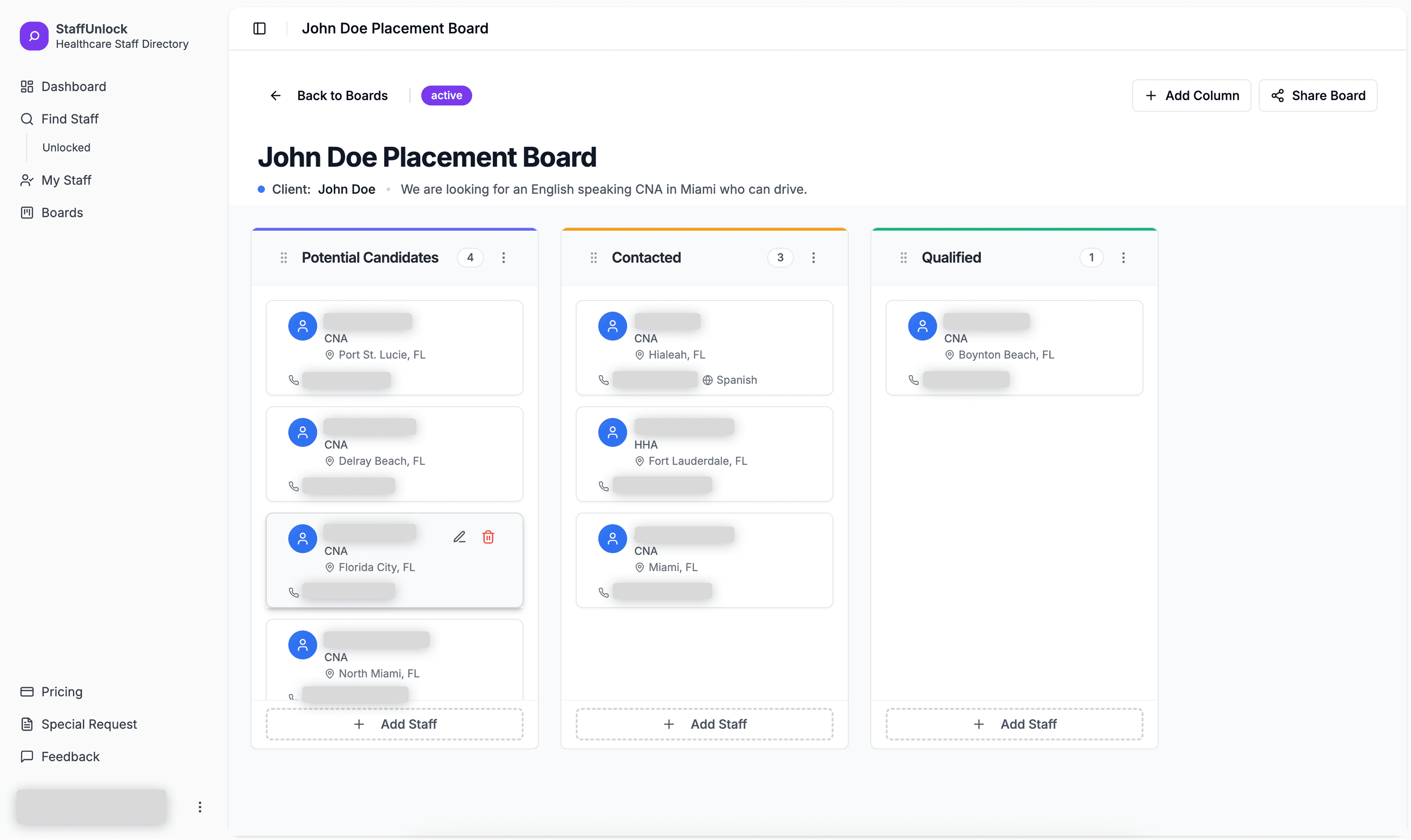 Kanban board for candidate tracking